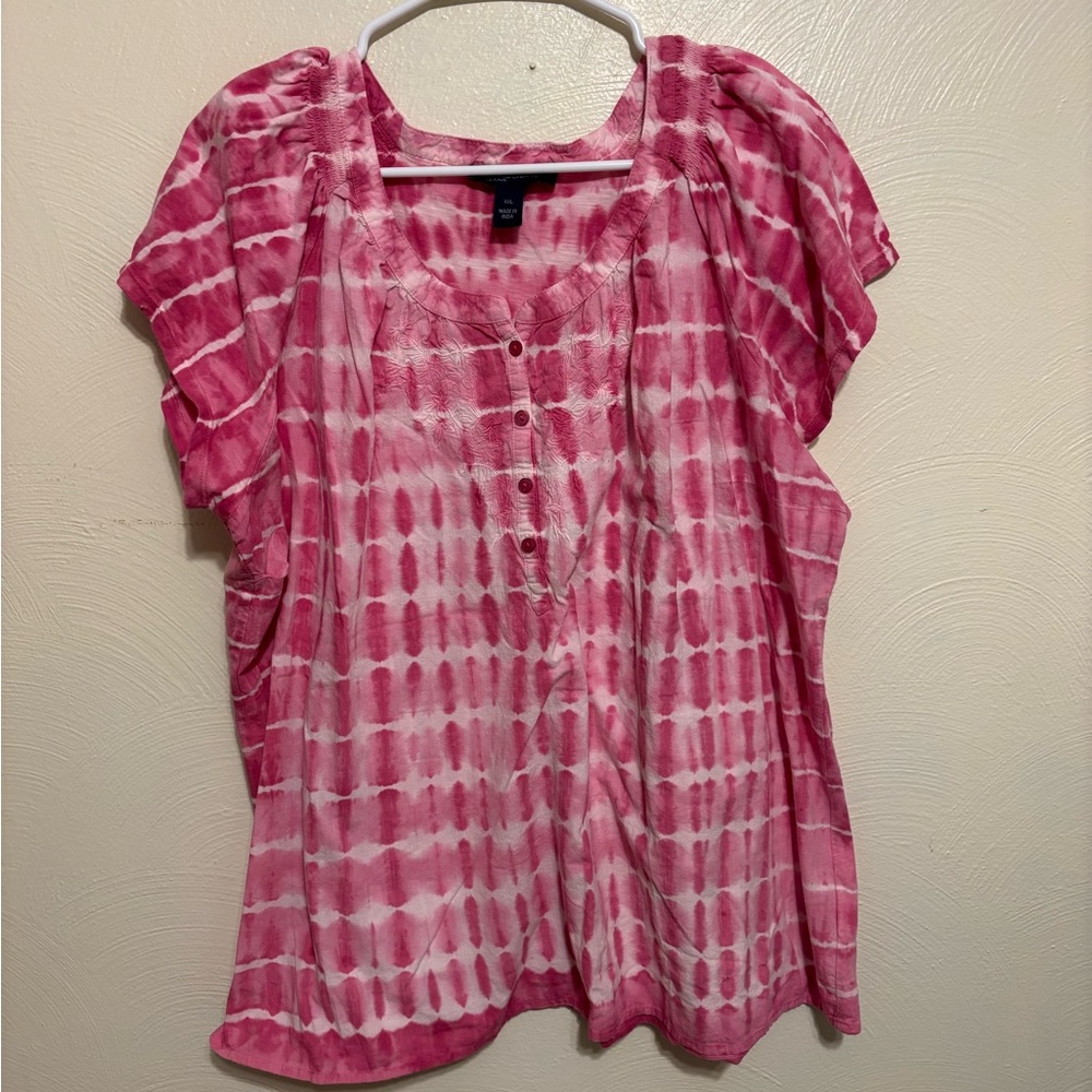 Bandolino Jeans Pink Tie Dye Cotton Peasant Top XXL Boho Short Sleeve - Picture 2 of 9